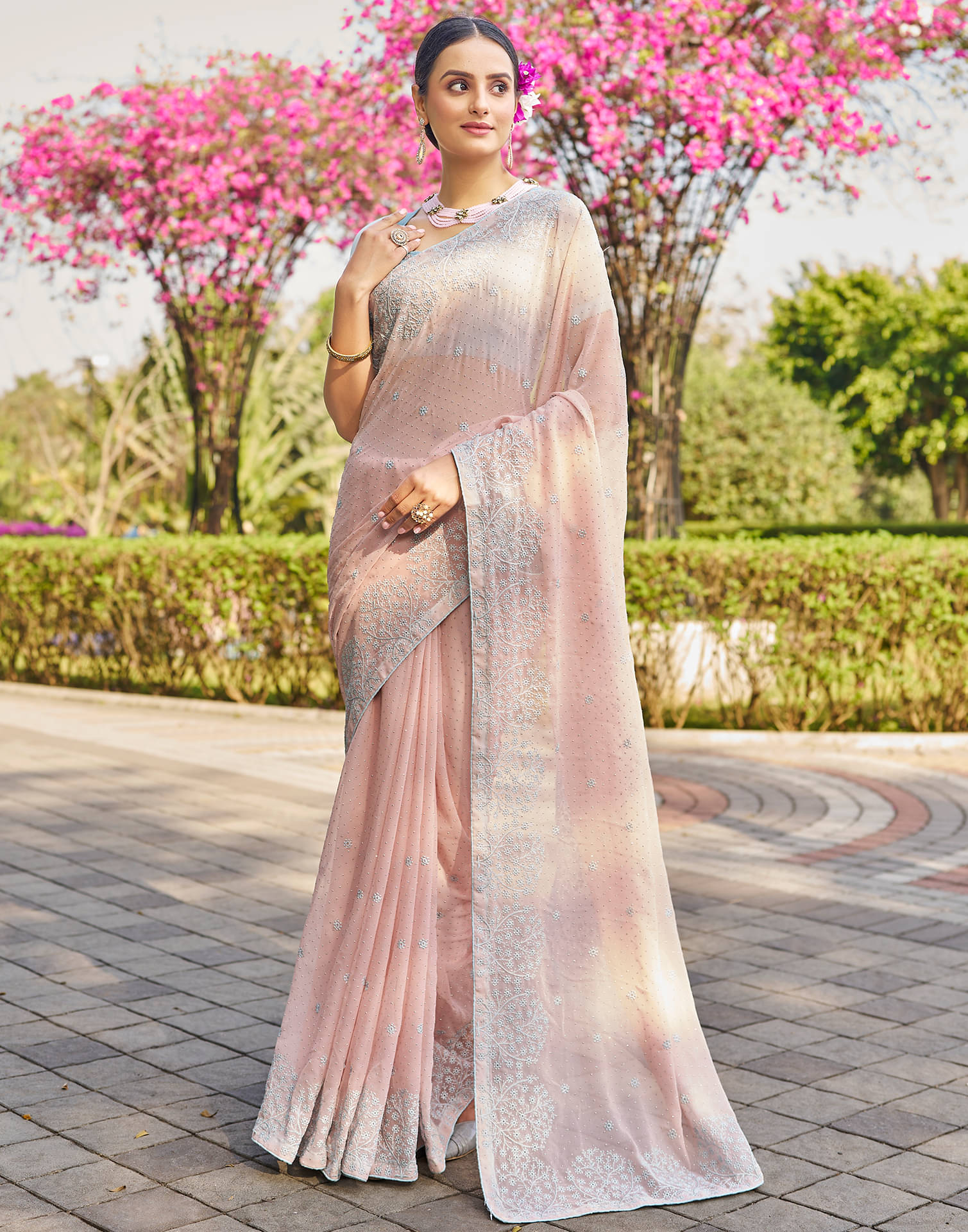     			Satrani Georgette Embroidered Saree With Unstitched Blouse Piece ( Peach )