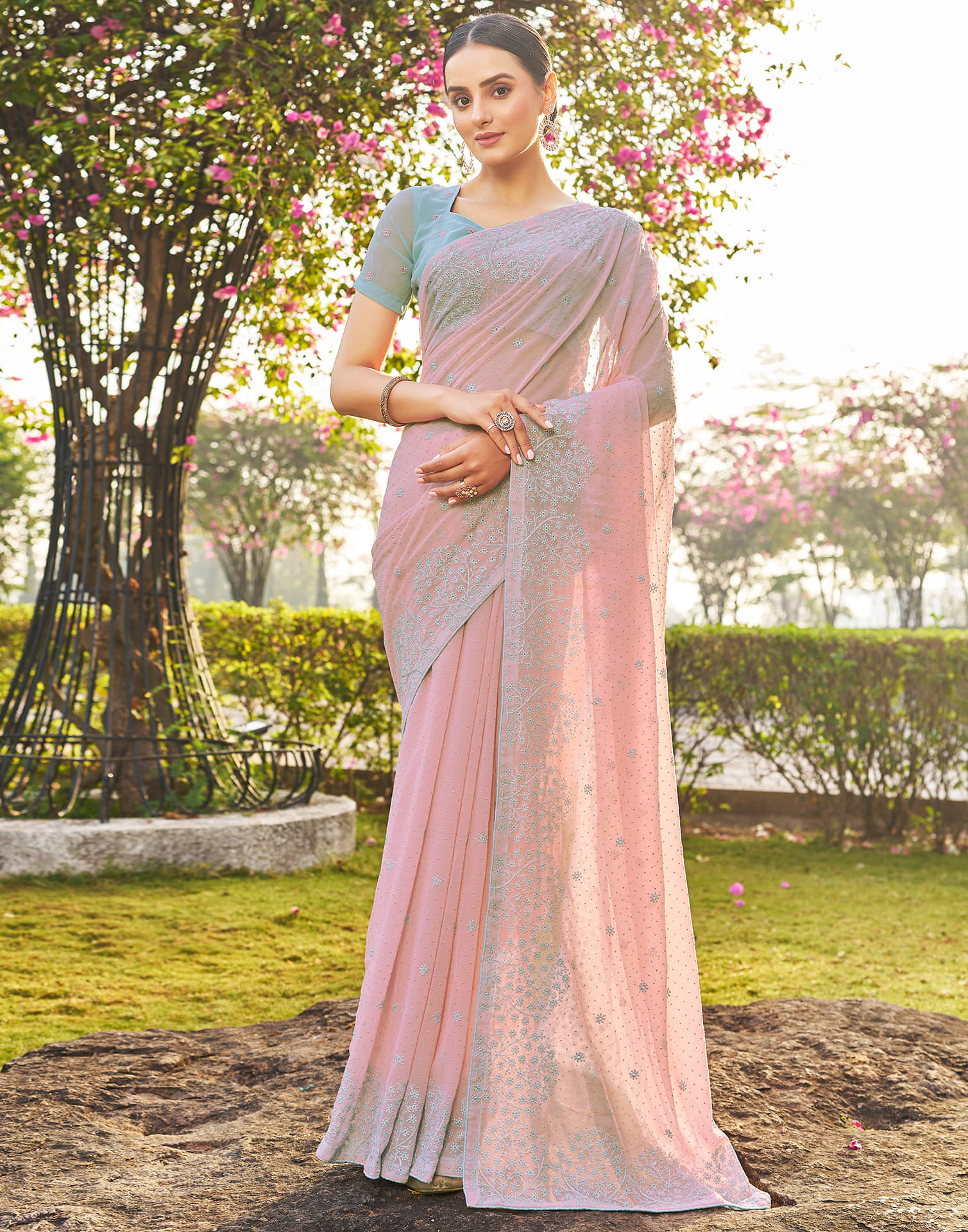     			Satrani Georgette Embroidered Saree With Unstitched Blouse Piece ( Pink )