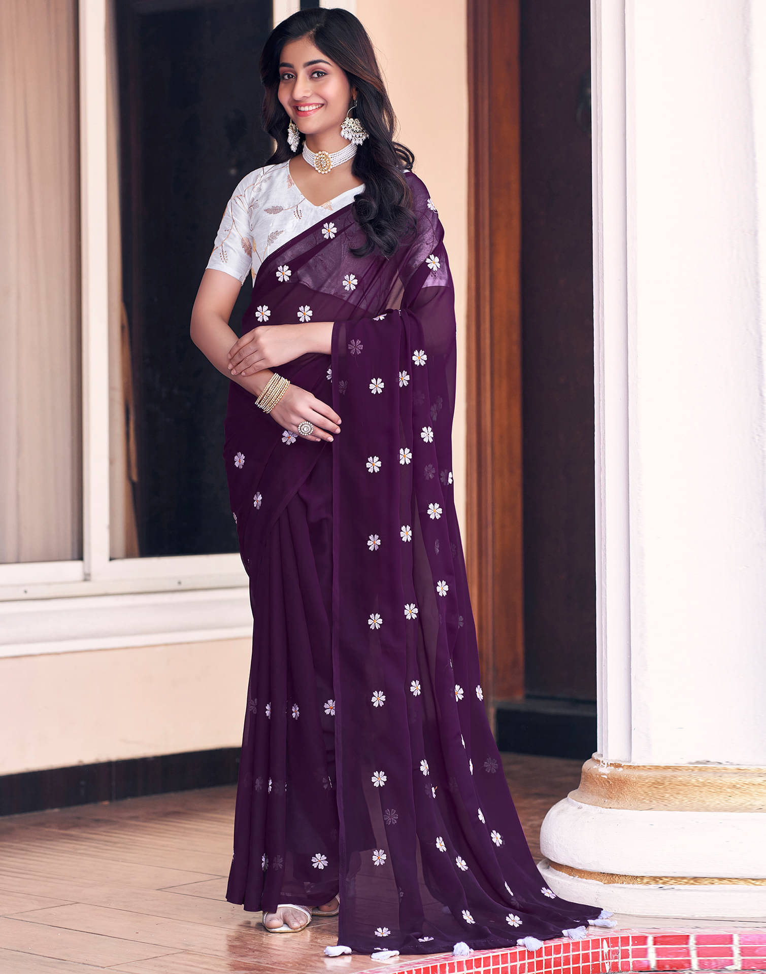     			Satrani Georgette Embroidered Saree With Unstitched Blouse Piece ( Purple )
