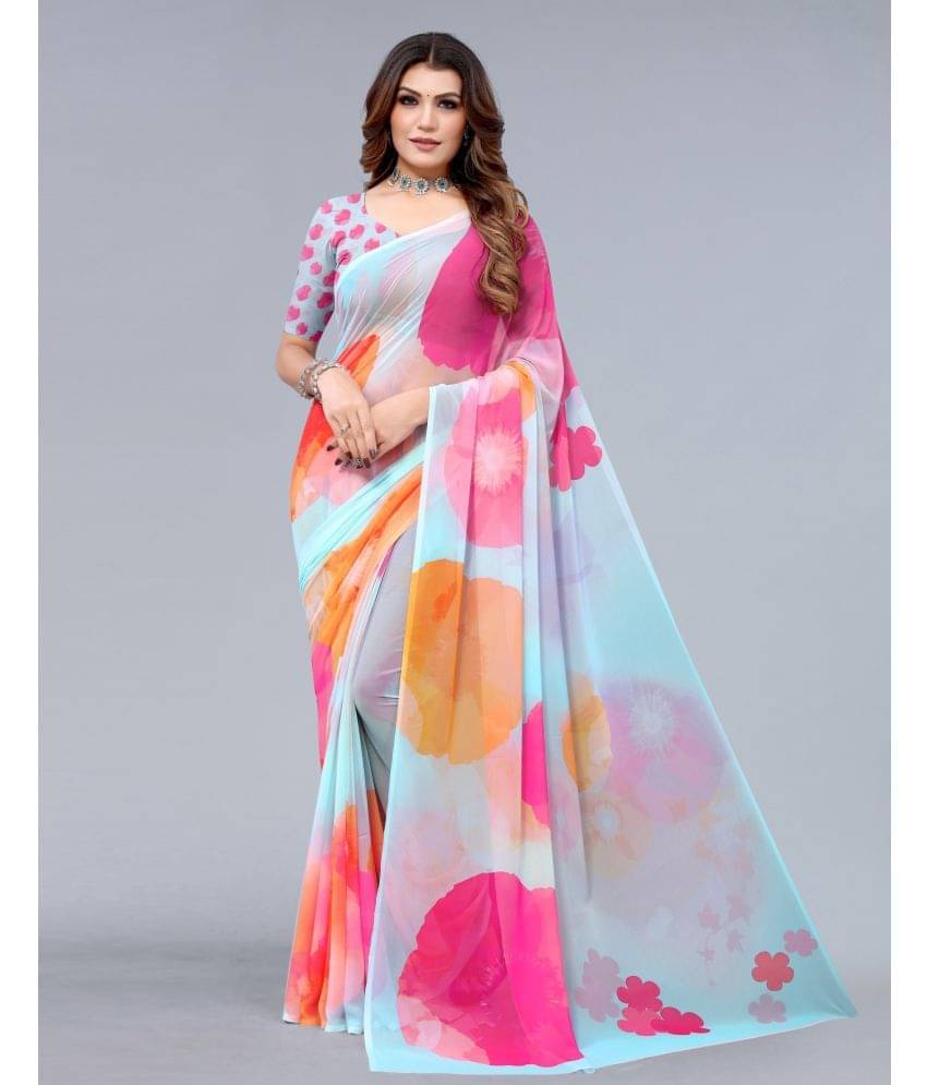 Satrani Georgette Printed Saree With Unstitched Blouse Piece ( LightBLue ) Satrani Georgette Printed Saree With Unstitched Blouse Piece ( LightBLue )