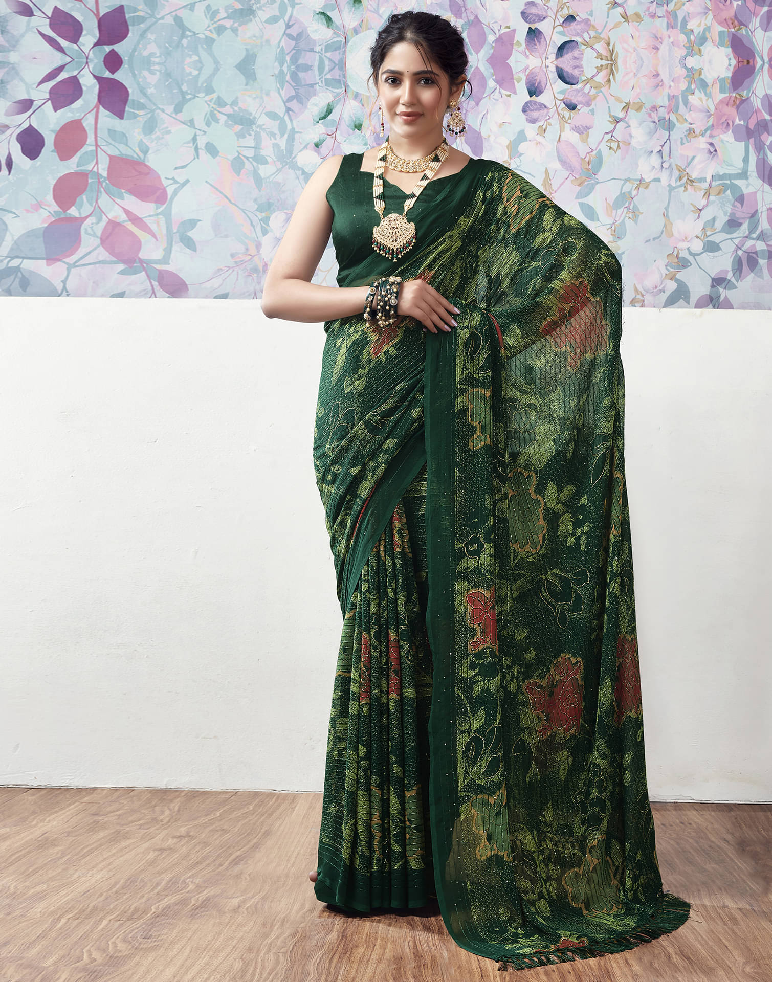    			Satrani Georgette Printed Saree With Unstitched Blouse Piece ( Green )