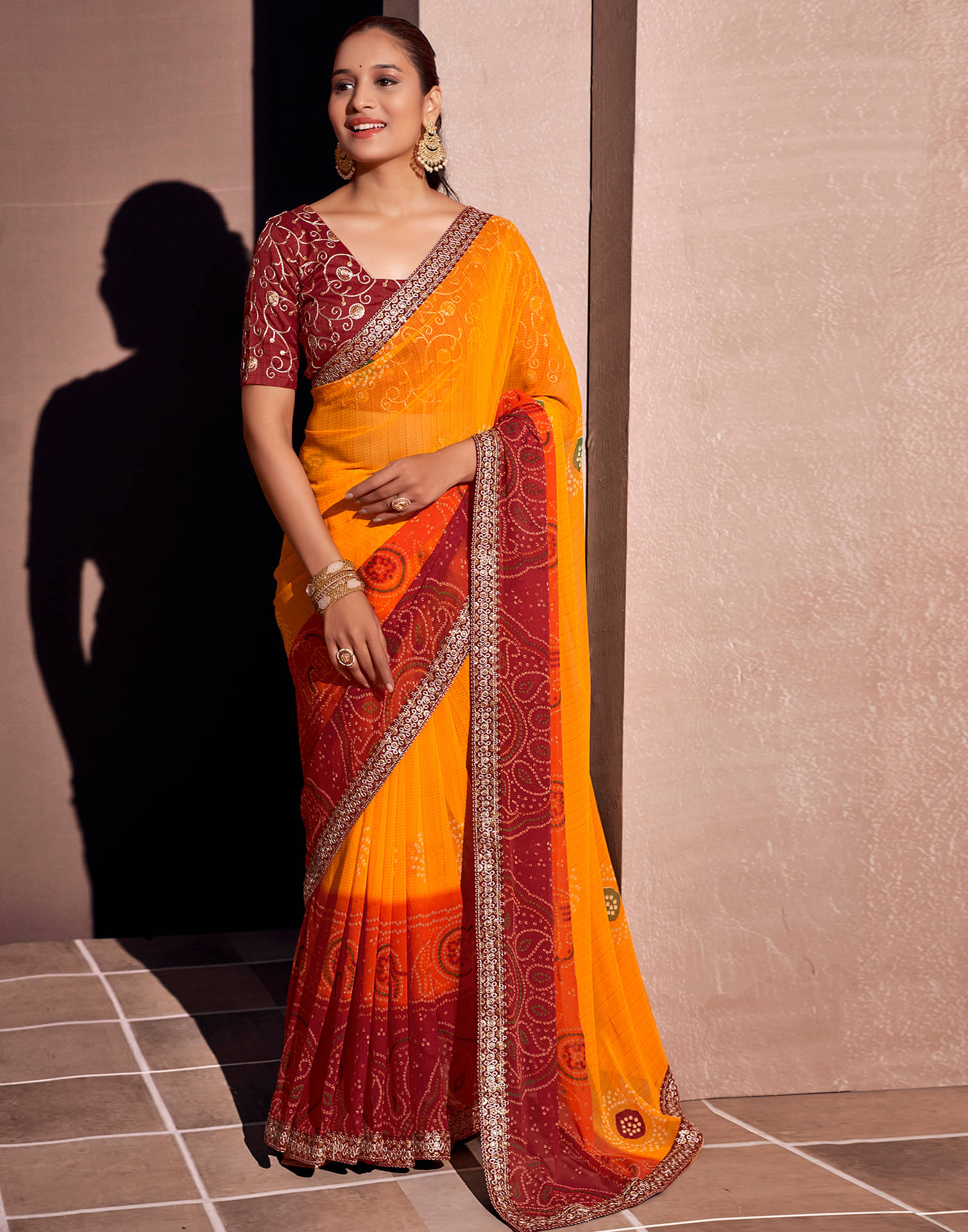     			Satrani Georgette Printed Saree With Unstitched Blouse Piece ( Yellow1 )