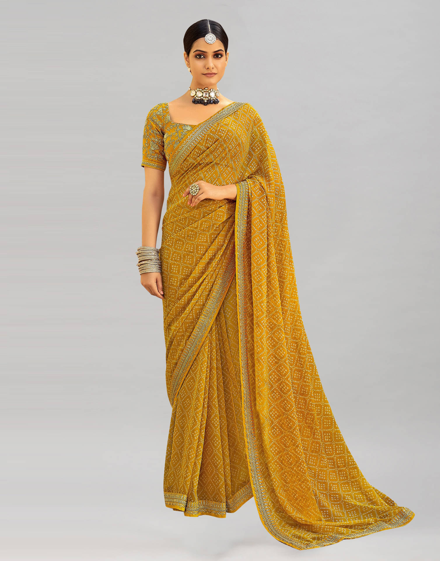     			Satrani Georgette Printed Saree With Unstitched Blouse Piece ( Mustard )