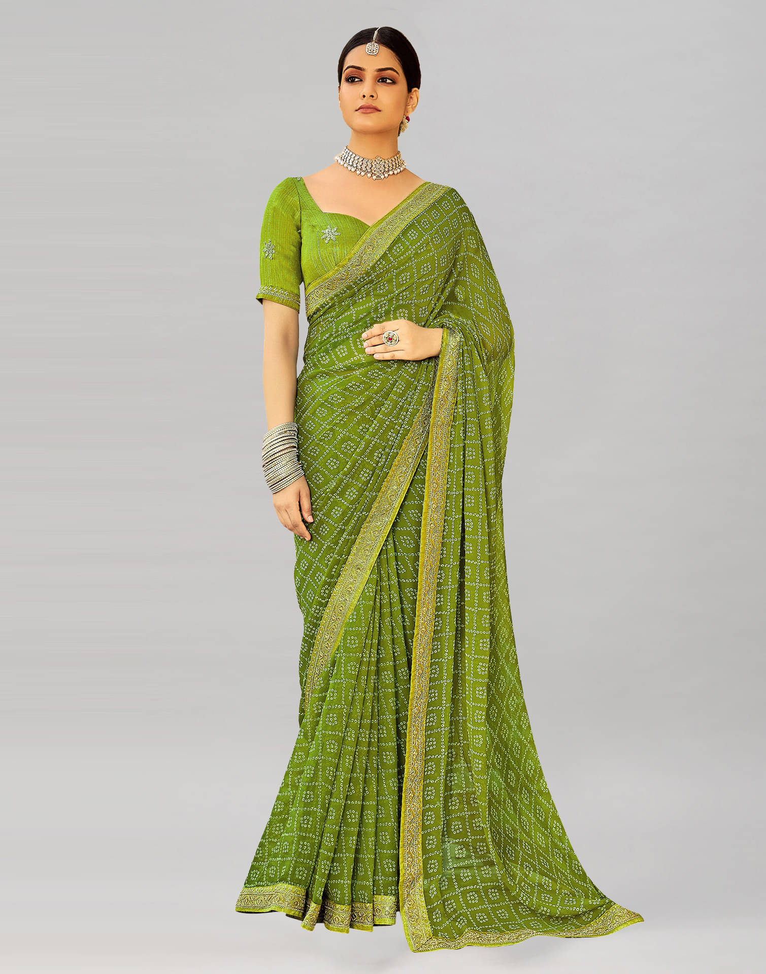     			Satrani Georgette Printed Saree With Unstitched Blouse Piece ( Olive )