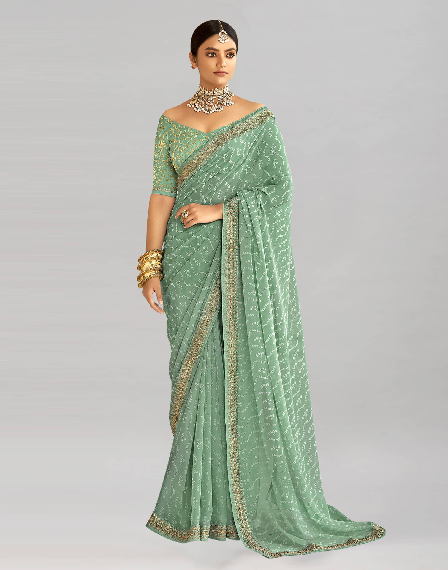     			Satrani Georgette Printed Saree With Unstitched Blouse Piece ( Mint Green )