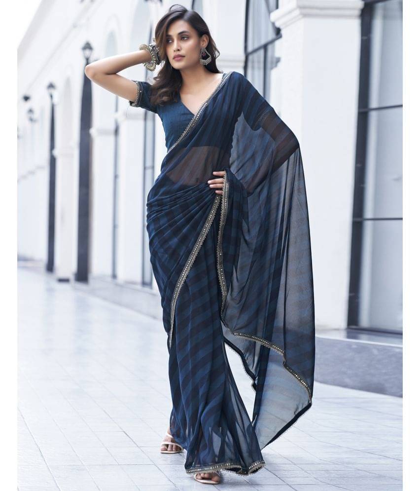     			Satrani Georgette Printed Saree With Unstitched Blouse Piece ( Blue )