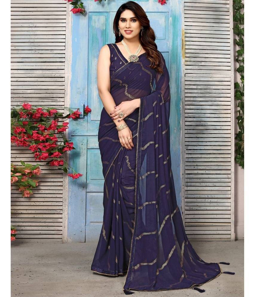     			Satrani Georgette Printed Saree With Unstitched Blouse Piece ( Navy Blue )