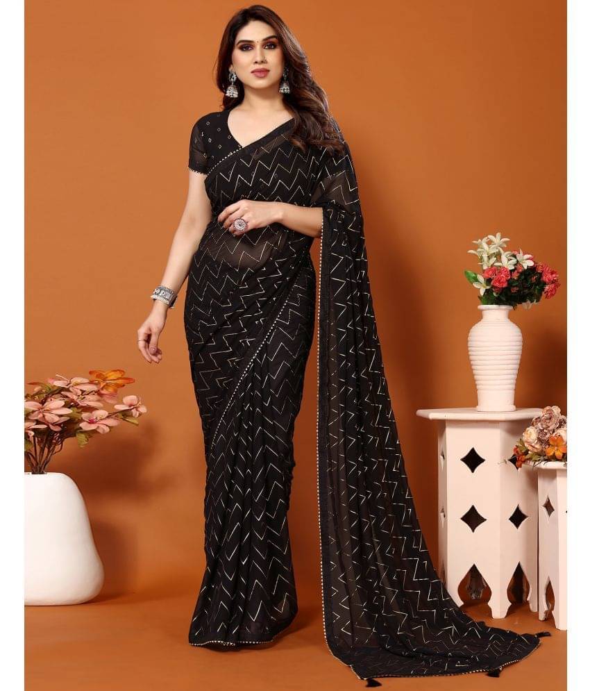     			Satrani Georgette Printed Saree With Unstitched Blouse Piece ( Black )