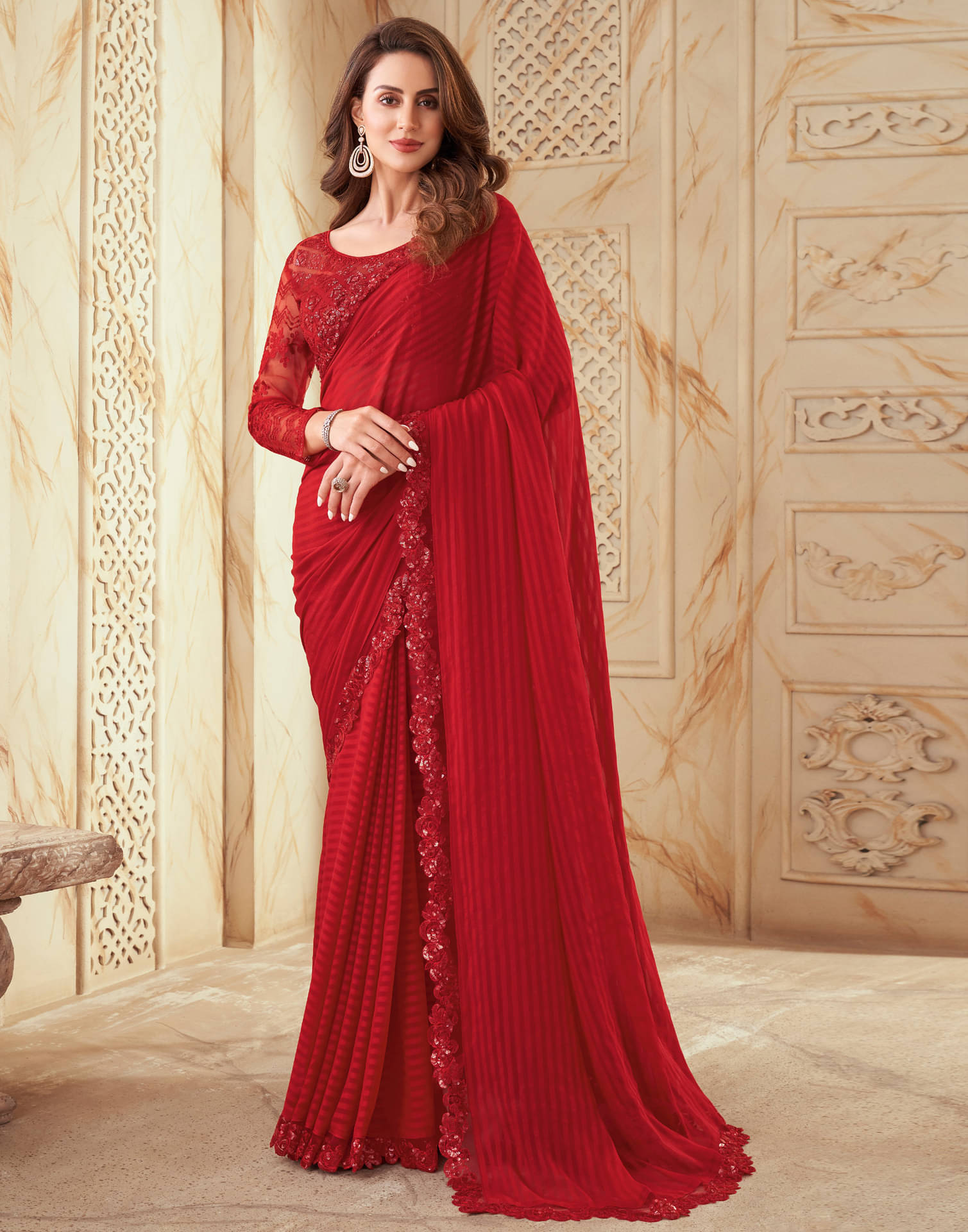 Satrani Georgette Self Design Saree With Unstitched Blouse Piece ( Red ) Satrani Georgette Self Design Saree With Unstitched Blouse Piece ( Red )