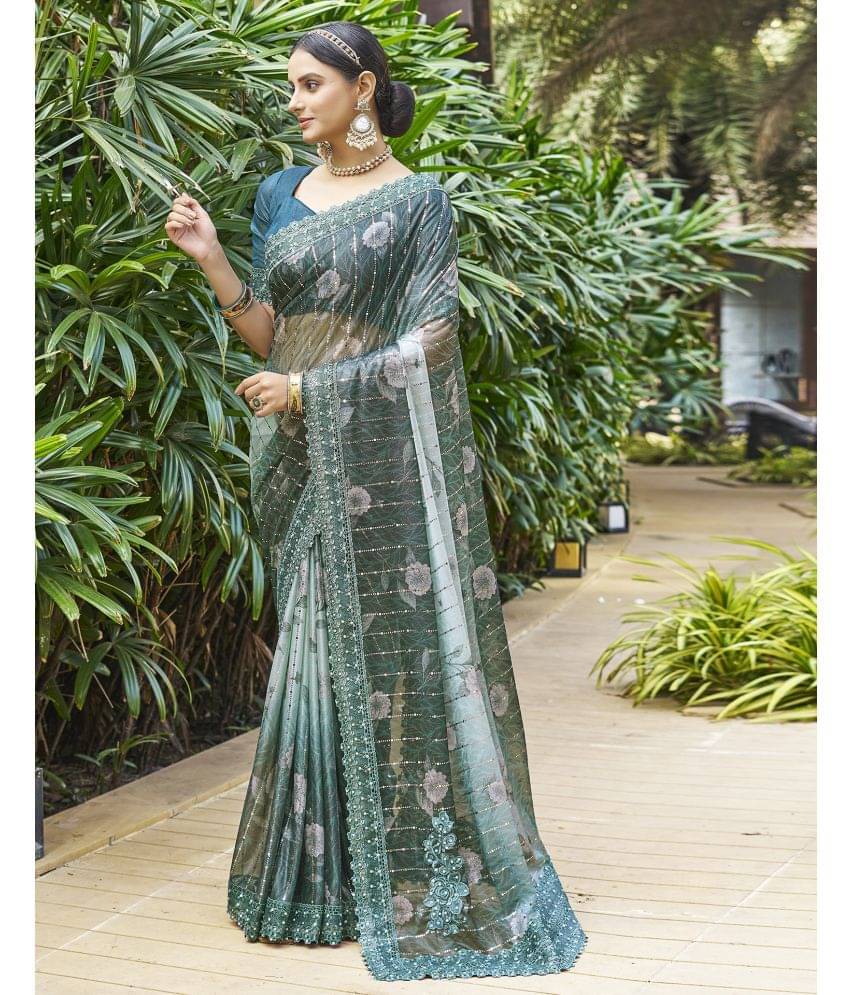     			Satrani Lycra Embellished Saree With Unstitched Blouse Piece ( Green )