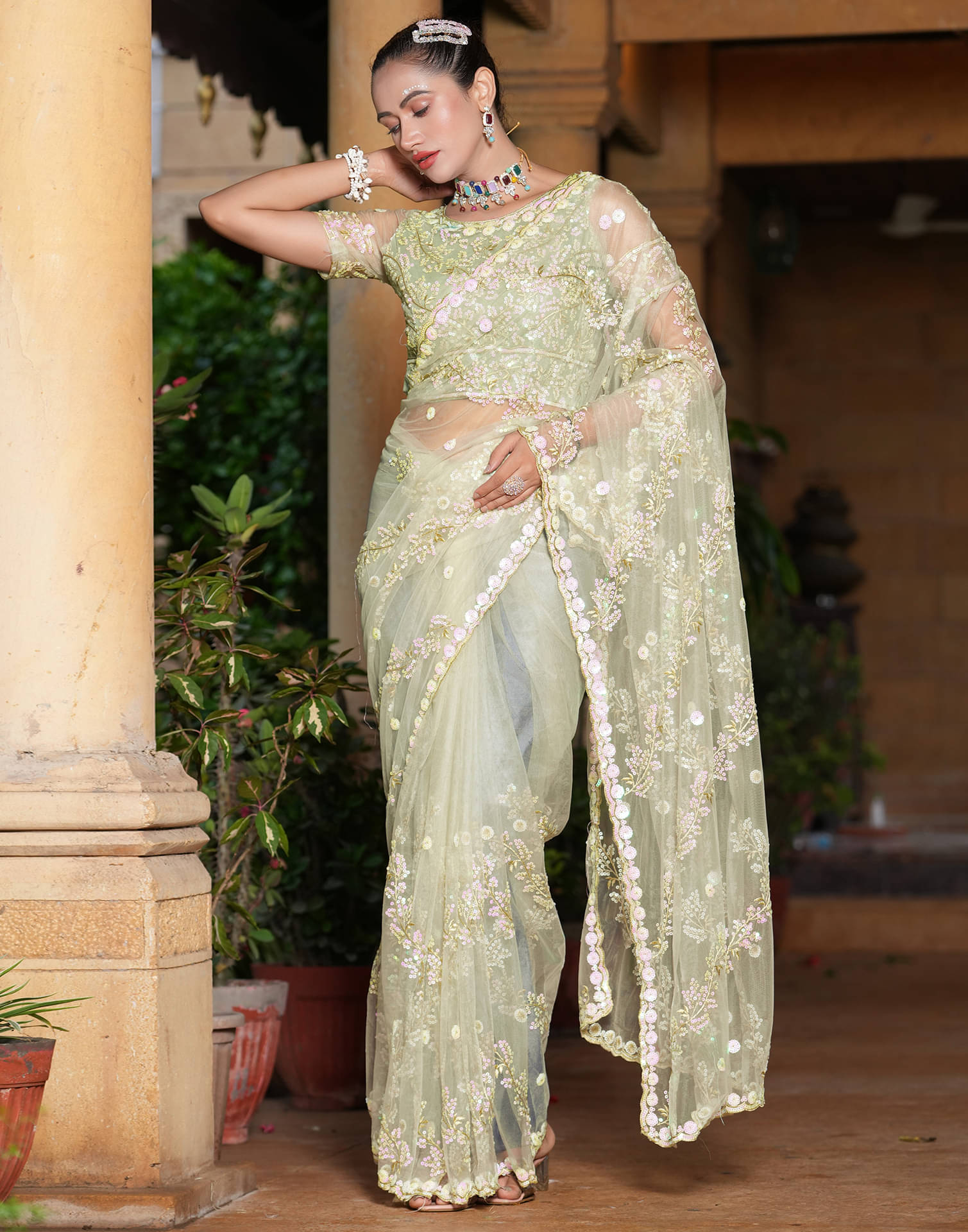 Satrani Net Embroidered Saree With Unstitched Blouse Piece ( Light Green ) Satrani Net Embroidered Saree With Unstitched Blouse Piece ( Light Green )