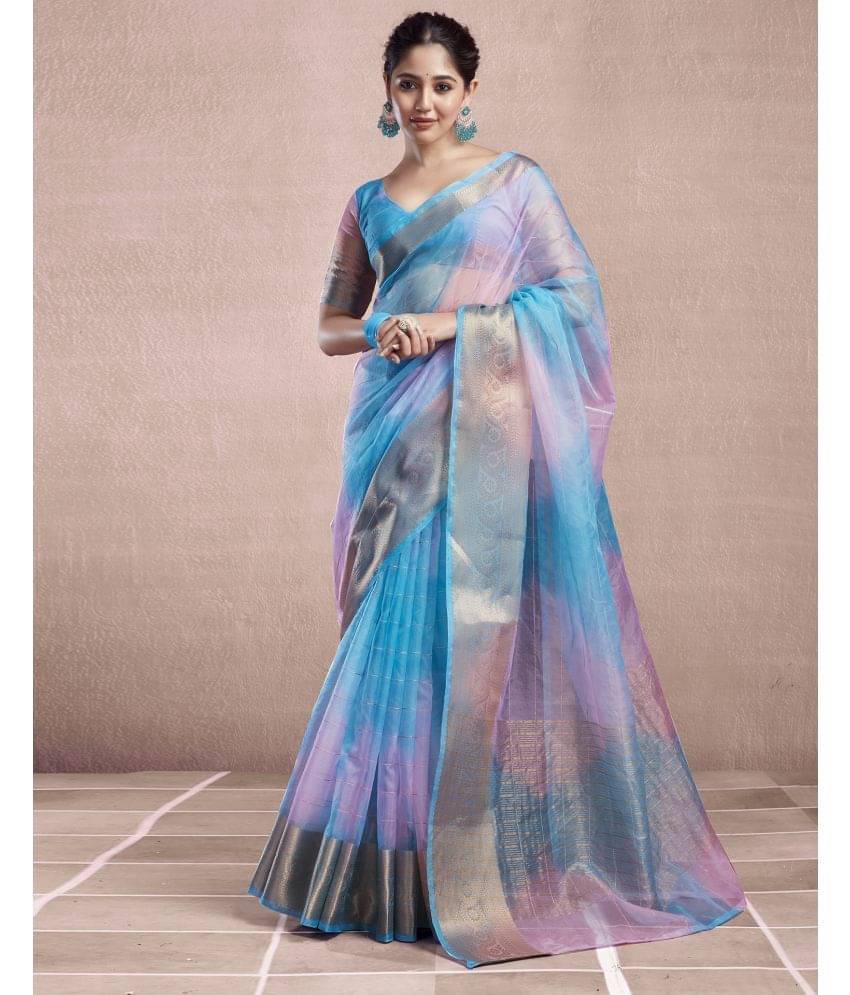 Satrani Organza Woven Saree With Unstitched Blouse Piece ( Blue )     			Satrani Organza Woven Saree With Unstitched Blouse Piece ( Blue )