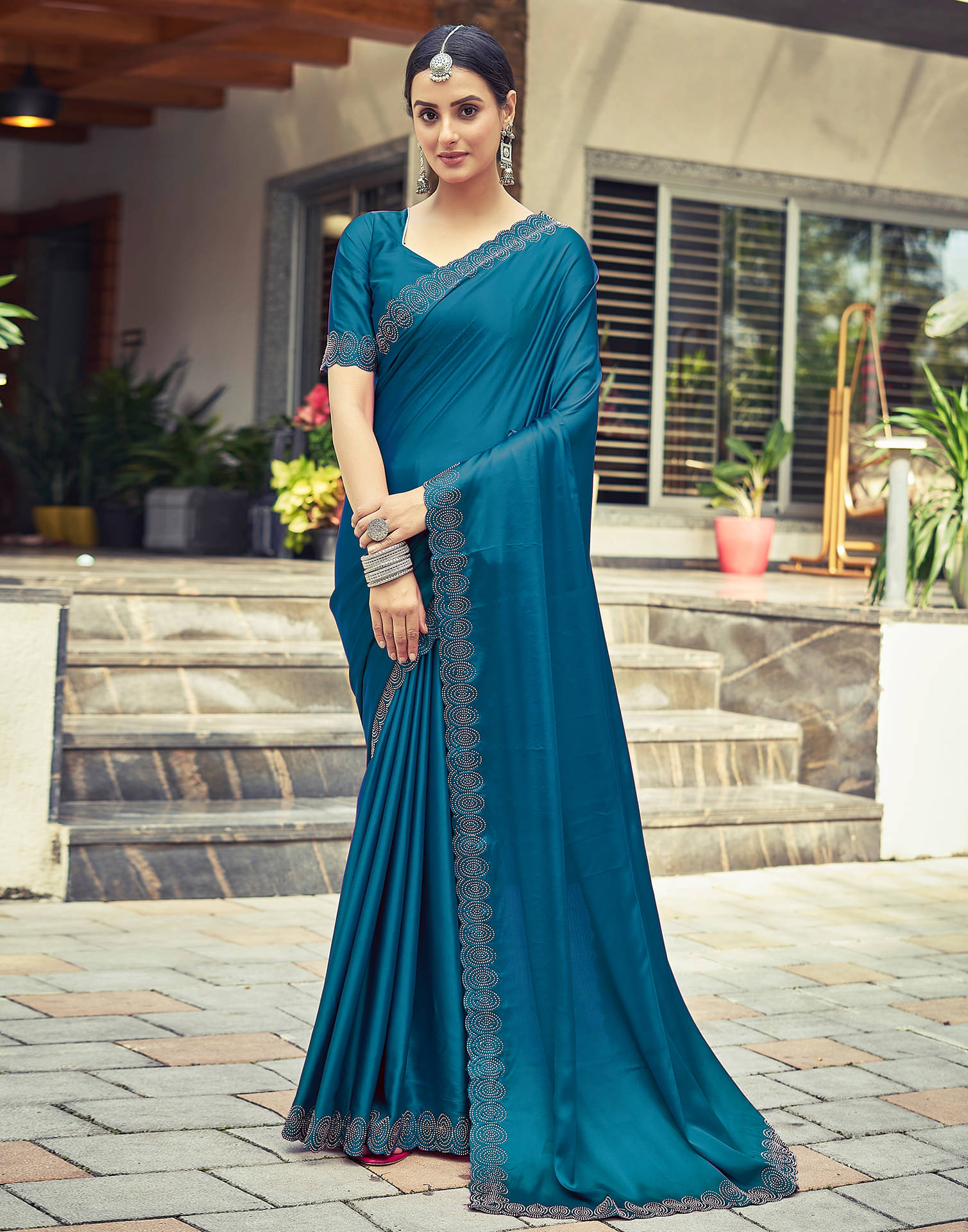 Satrani Satin Solid Saree With Unstitched Blouse Piece ( Navy Blue ) Satrani Satin Solid Saree With Unstitched Blouse Piece ( Navy Blue )