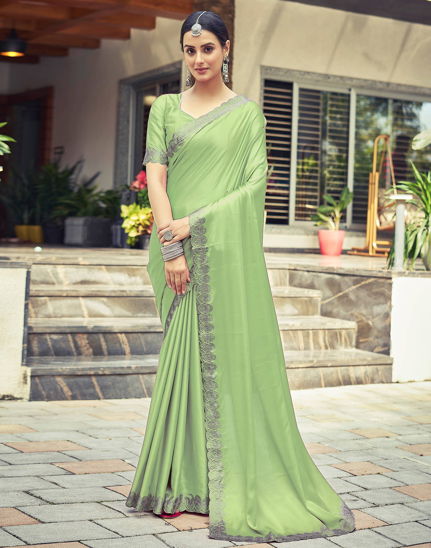     			Satrani Satin Solid Saree With Unstitched Blouse Piece ( Light Green )