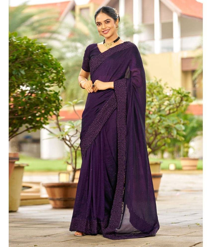 Satrani Silk Blend Embroidered Saree With Unstitched Blouse Piece ( Purple ) Satrani Silk Blend Embroidered Saree With Unstitched Blouse Piece ( Purple )