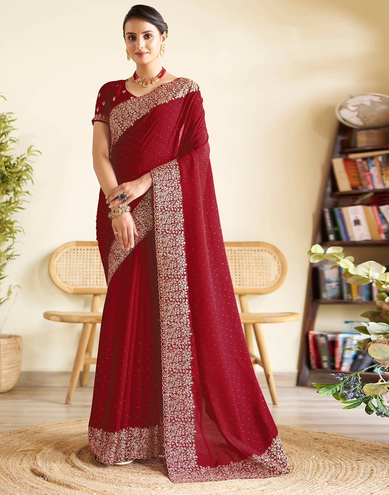 Satrani Silk Embellished Saree With Unstitched Blouse Piece ( Red ) Satrani Silk Embellished Saree With Unstitched Blouse Piece ( Red )
