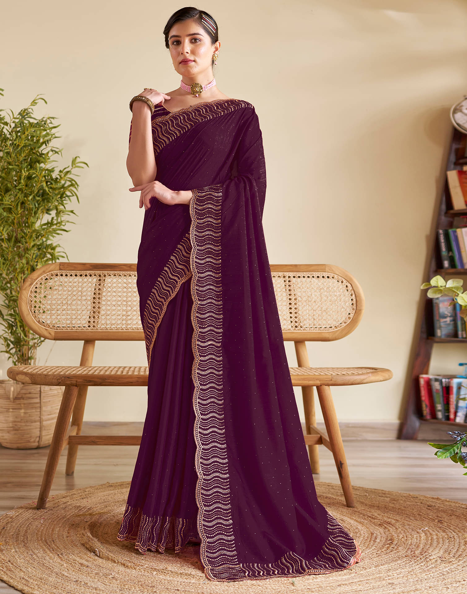     			Satrani Silk Embellished Saree With Unstitched Blouse Piece ( Wine )
