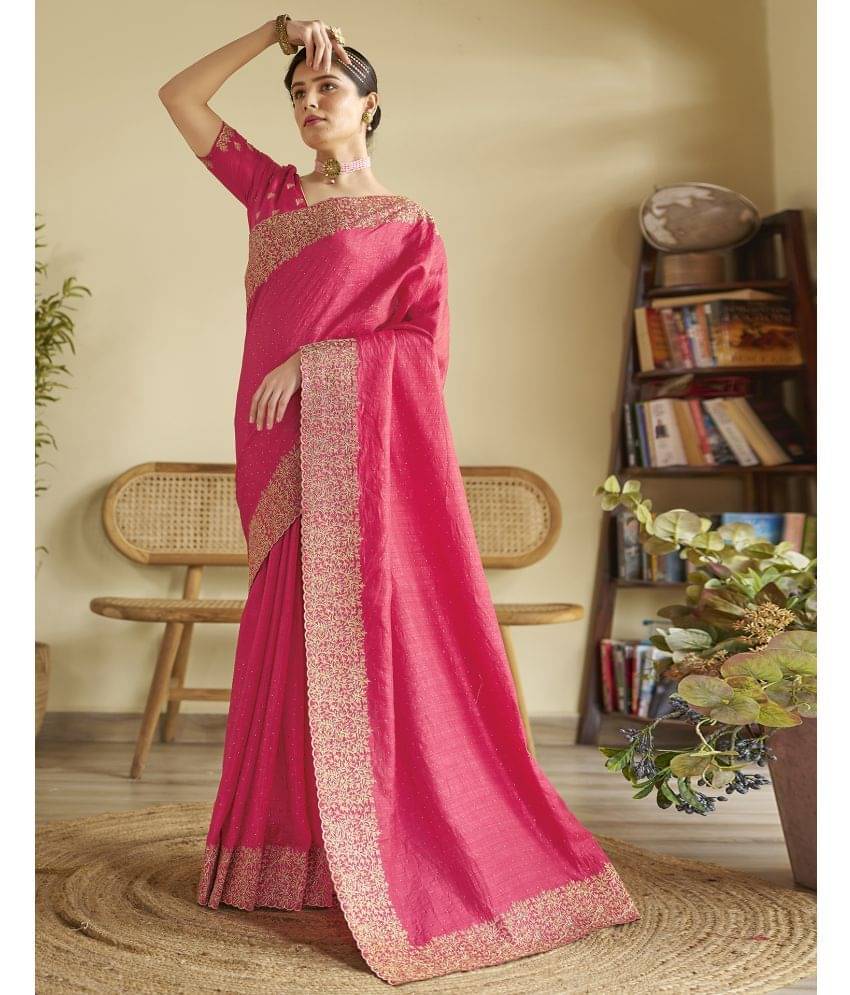     			Satrani Silk Embellished Saree With Unstitched Blouse Piece ( Pink )
