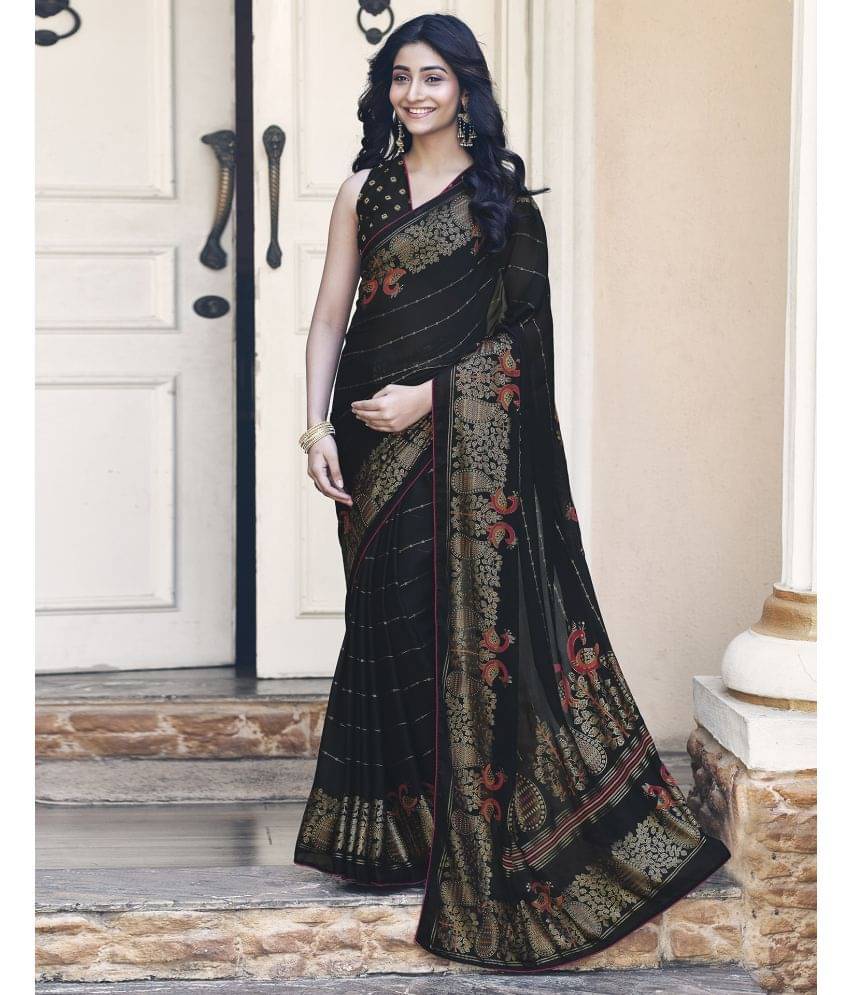     			Satrani Silk Printed Saree With Unstitched Blouse Piece ( Black )