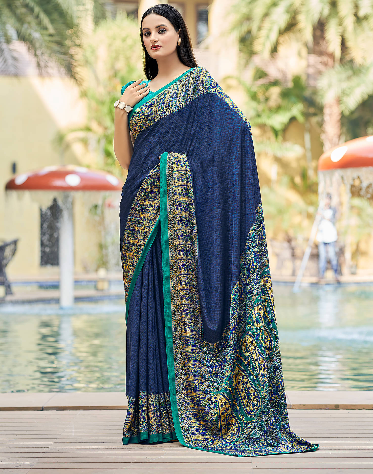 Satrani Silk Printed Saree With Unstitched Blouse Piece ( Navy Blue )     			Satrani Silk Printed Saree With Unstitched Blouse Piece ( Navy Blue )