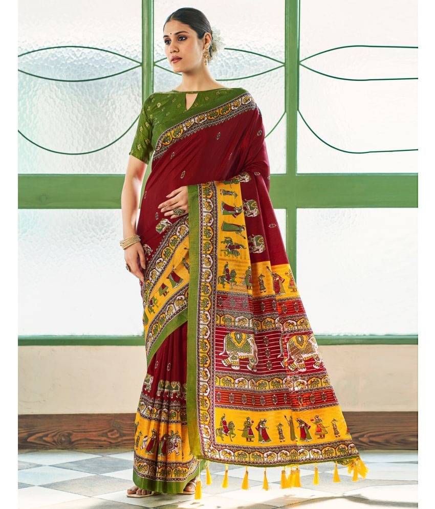 Satrani Silk Printed Saree With Unstitched Blouse Piece ( Maroon ) Satrani Silk Printed Saree With Unstitched Blouse Piece ( Maroon )