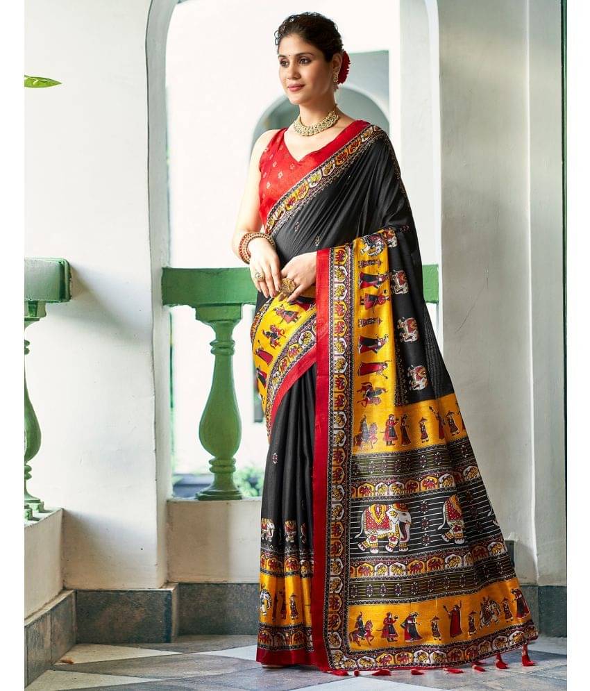 Satrani Silk Printed Saree With Unstitched Blouse Piece ( Black ) Satrani Silk Printed Saree With Unstitched Blouse Piece ( Black )