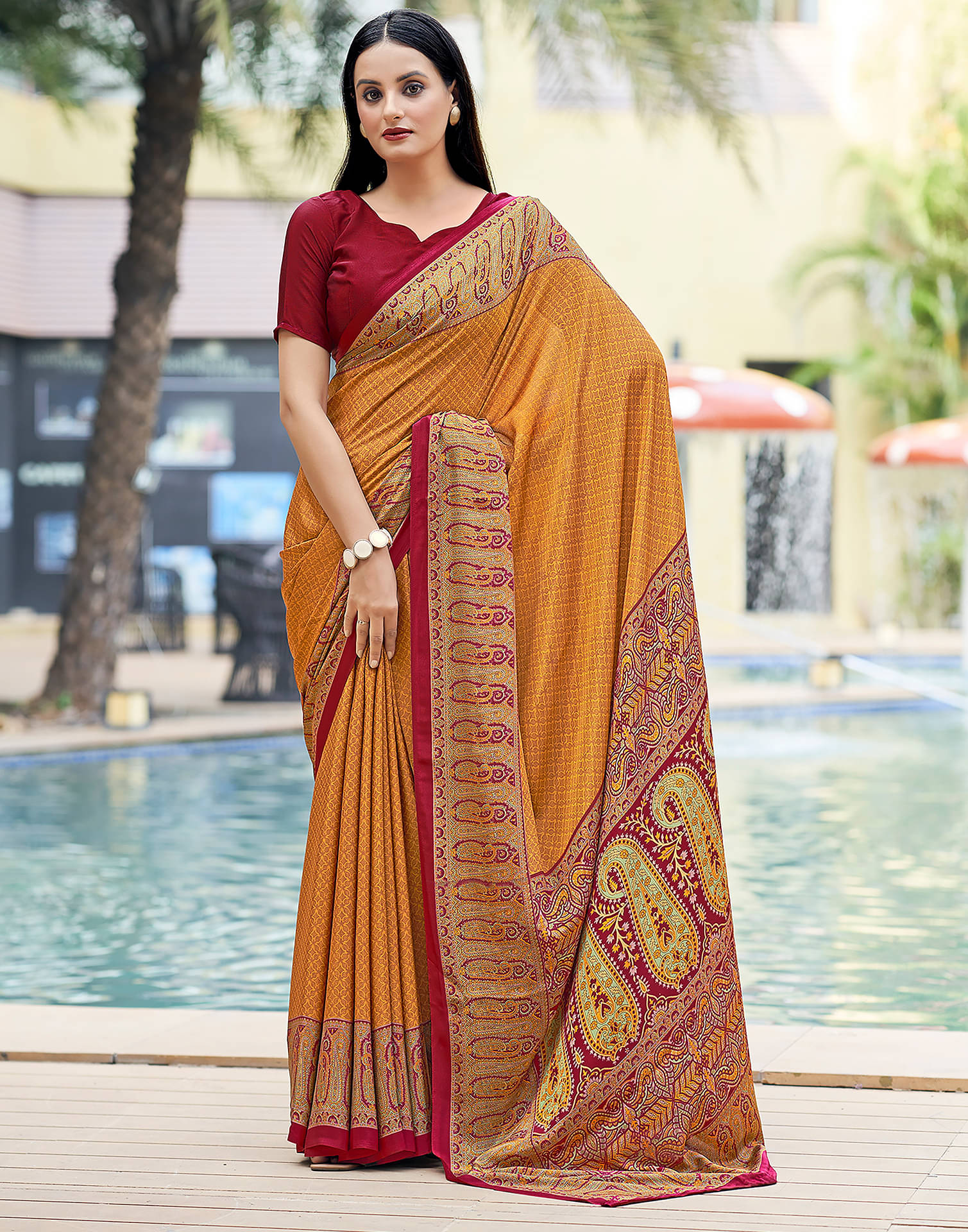     			Satrani Silk Printed Saree With Unstitched Blouse Piece ( Yellow )