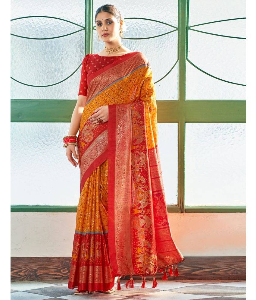 Satrani Silk Printed Saree With Unstitched Blouse Piece ( Yellow ) Satrani Silk Printed Saree With Unstitched Blouse Piece ( Yellow )