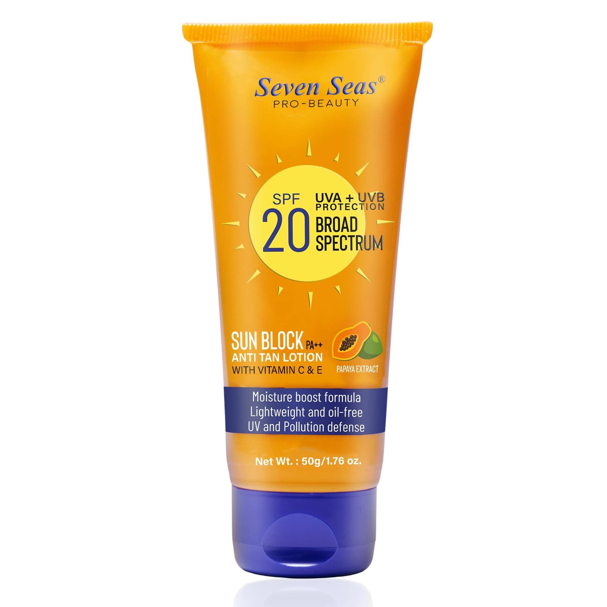 Seven Seas Sun Block Anti Tan Lotion, with Vitamin C & E|Suncreen SPF 20 PA++ (PAPAYA EXTRACT 50 g) Seven Seas Sun Block Anti Tan Lotion, with Vitamin C & E|Suncreen SPF 20 PA++ (PAPAYA EXTRACT 50 g)