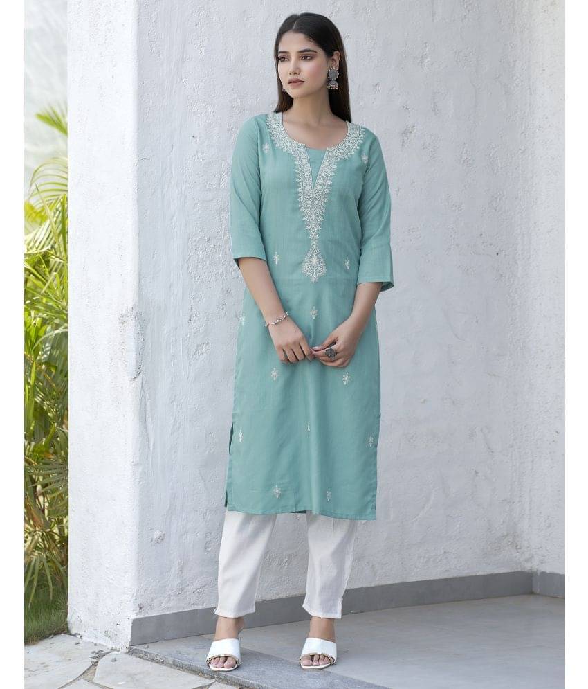 Skylee Cotton Embroidered Straight Women's Kurti - Turquoise ( Pack of 1 )     			Skylee Cotton Embroidered Straight Women's Kurti - Turquoise ( Pack of 1 )