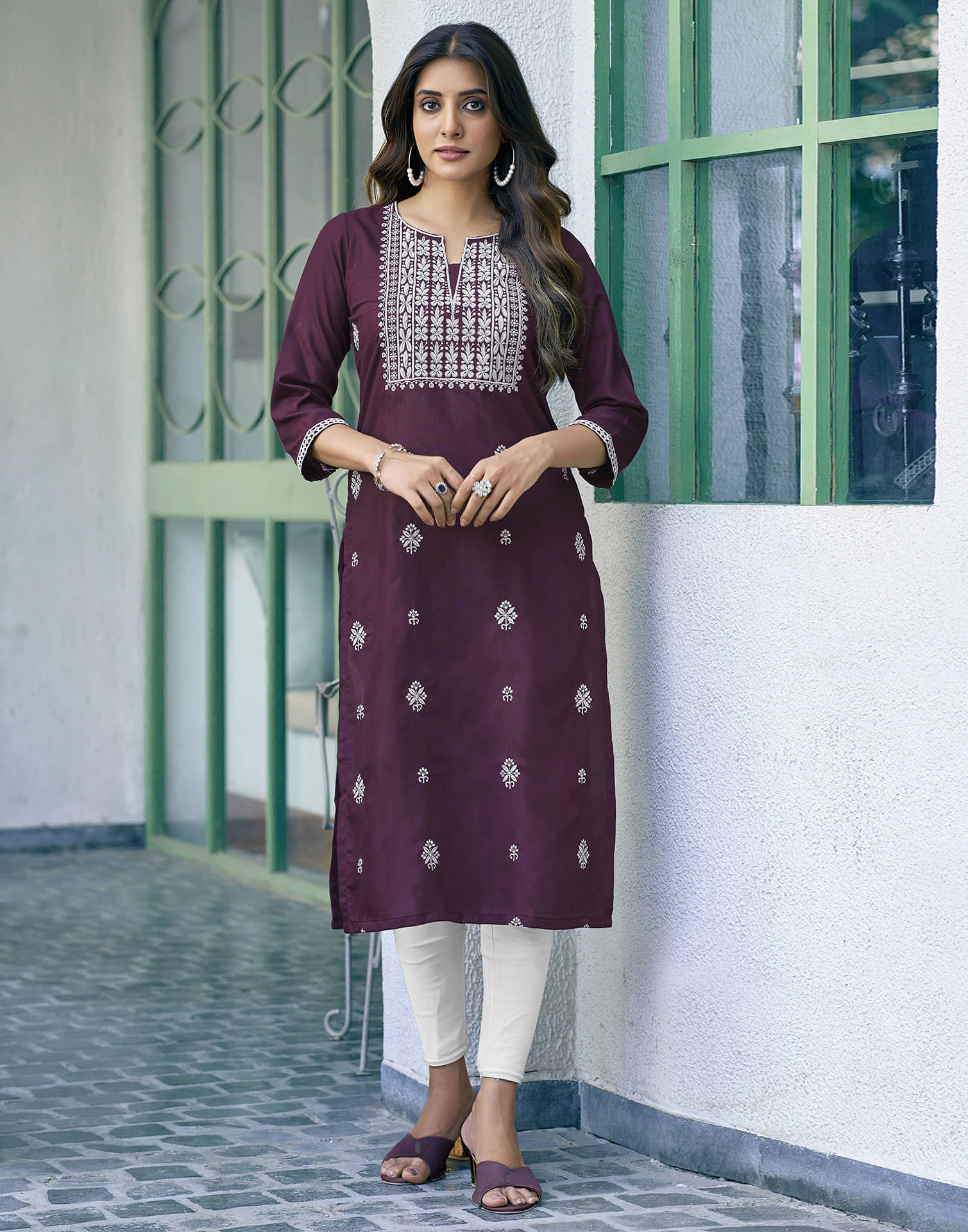 Skylee Cotton Embroidered Straight Women's Kurti - Wine ( Pack of 1 ) Skylee Cotton Embroidered Straight Women's Kurti - Wine ( Pack of 1 )