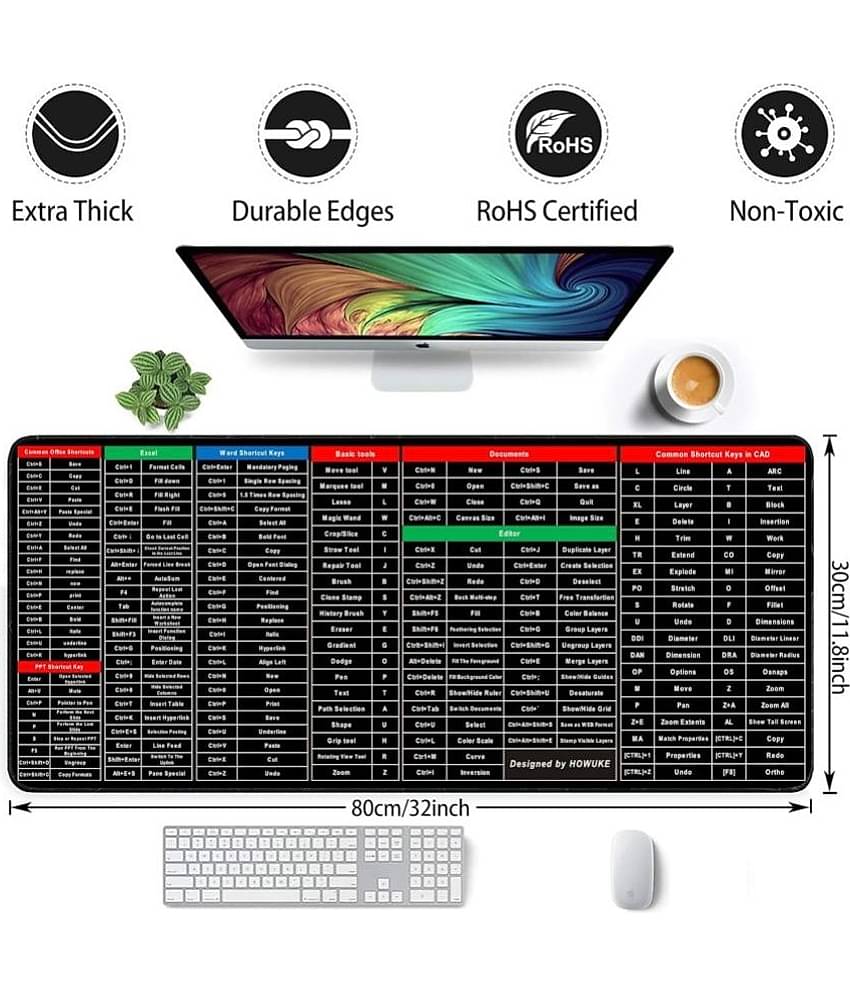 Smooth Waterproof Non-Slip Shortcut Key Rubber Computer Mouse Pad Large Size (80x30cm, Black)