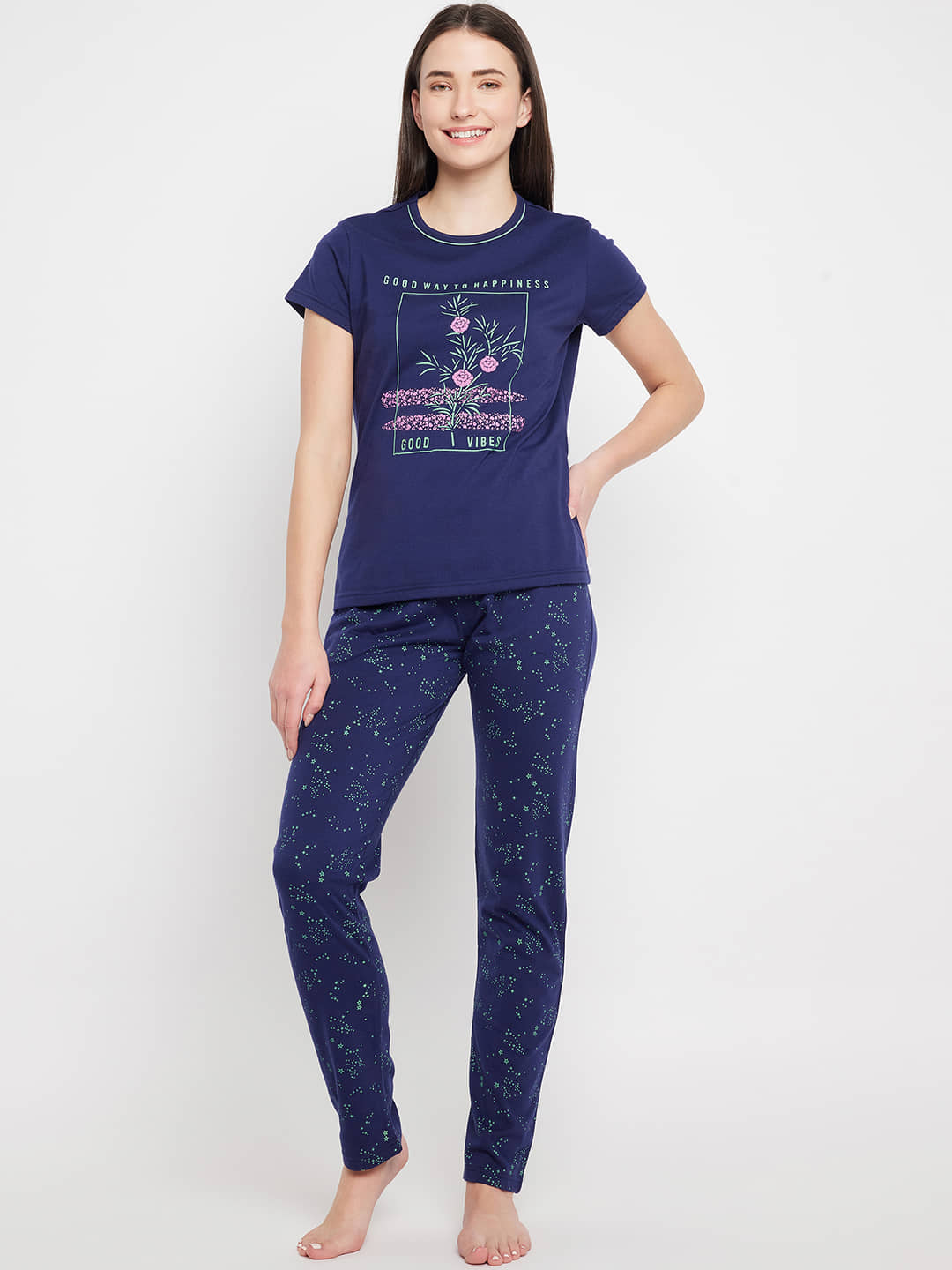 BELLAFINO Navy Cotton Blend Women's Nightwear Nightsuit Sets ( Pack of 1 ) - Nightwear & Loungewear | Buy online on ZillyBuy