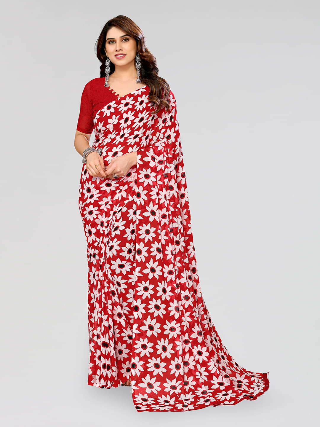     			Kashvi Sarees Georgette Printed Saree With Unstitched Blouse Piece ( Red )