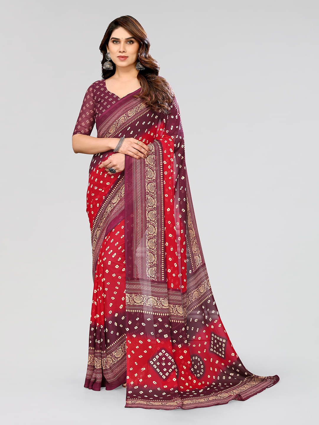     			Kashvi Sarees Georgette Printed Saree With Unstitched Blouse Piece ( Red )