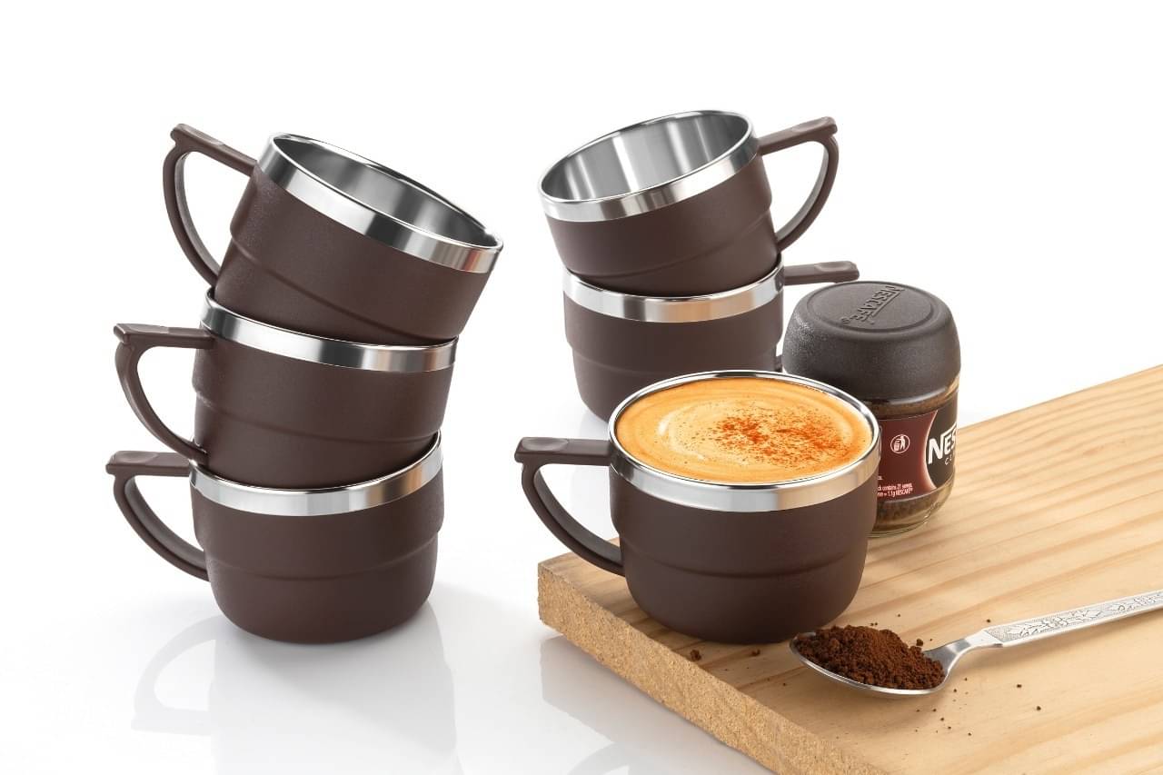     			MAGICSPOON Coffee Mug Set Solid Steel Tea Cup 200 ml ( Pack of 6 )