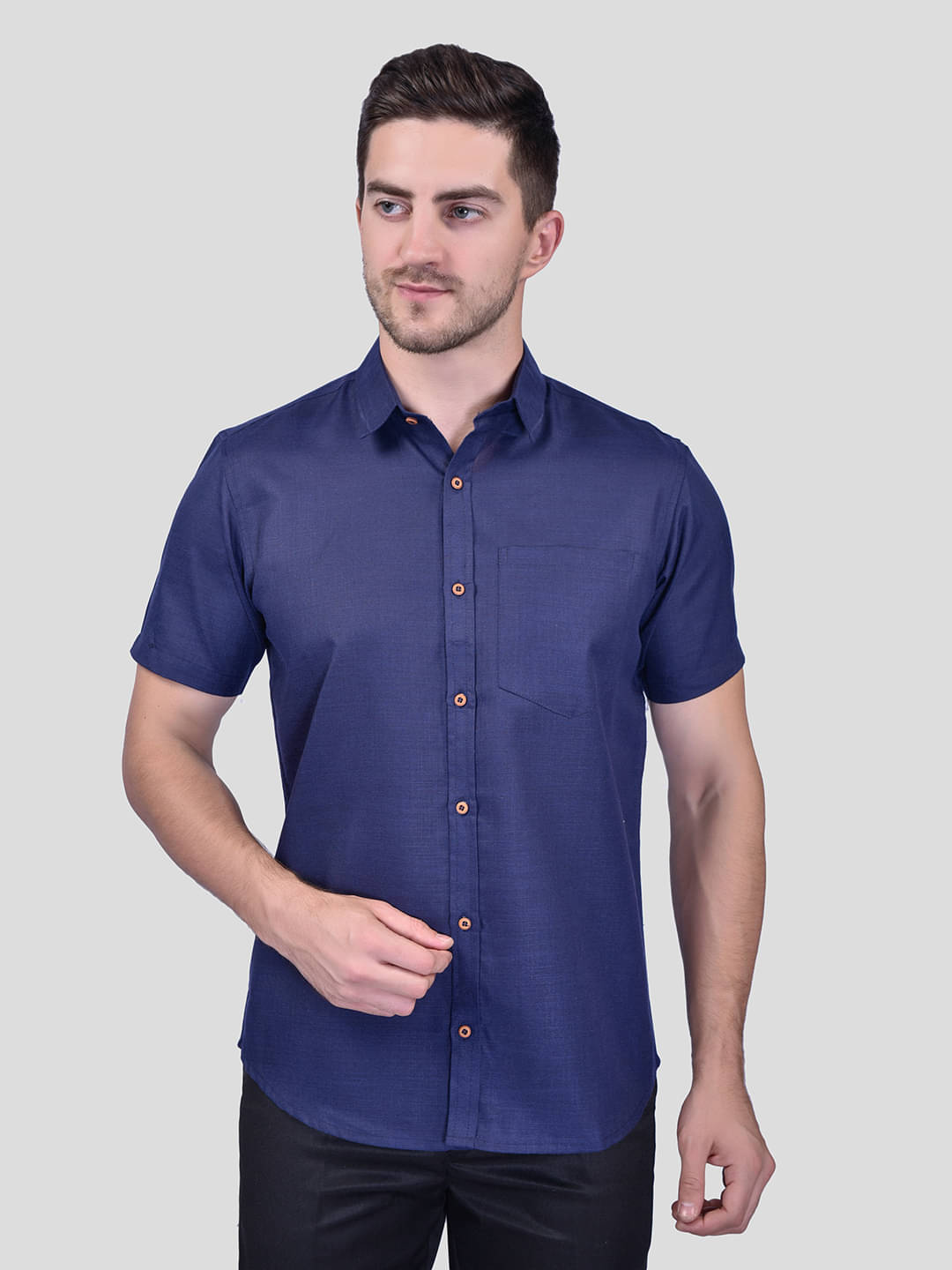     			PRINTCULTR Cotton Blend Regular Fit Solids Half Sleeves Men's Casual Shirt - Navy Blue ( Pack of 1 )