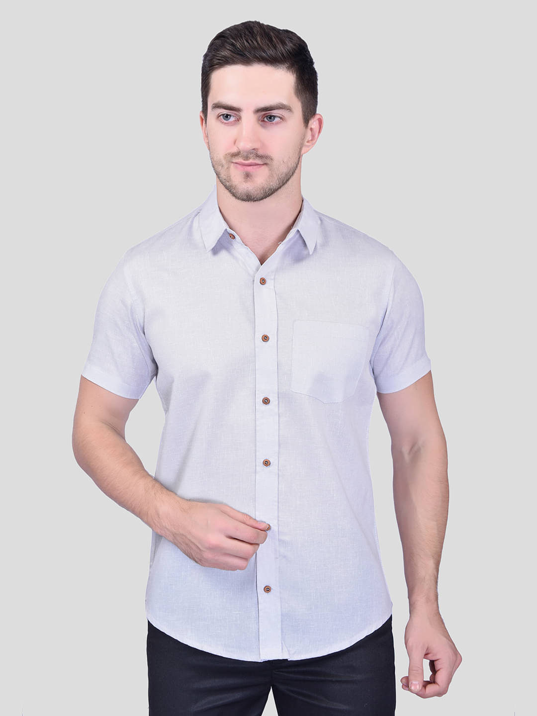 PRINTCULTR Cotton Blend Regular Fit Solids Half Sleeves Men's Casual Shirt - Grey ( Pack of 1 ) PRINTCULTR Cotton Blend Regular Fit Solids Half Sleeves Men's Casual Shirt - Grey ( Pack of 1 )