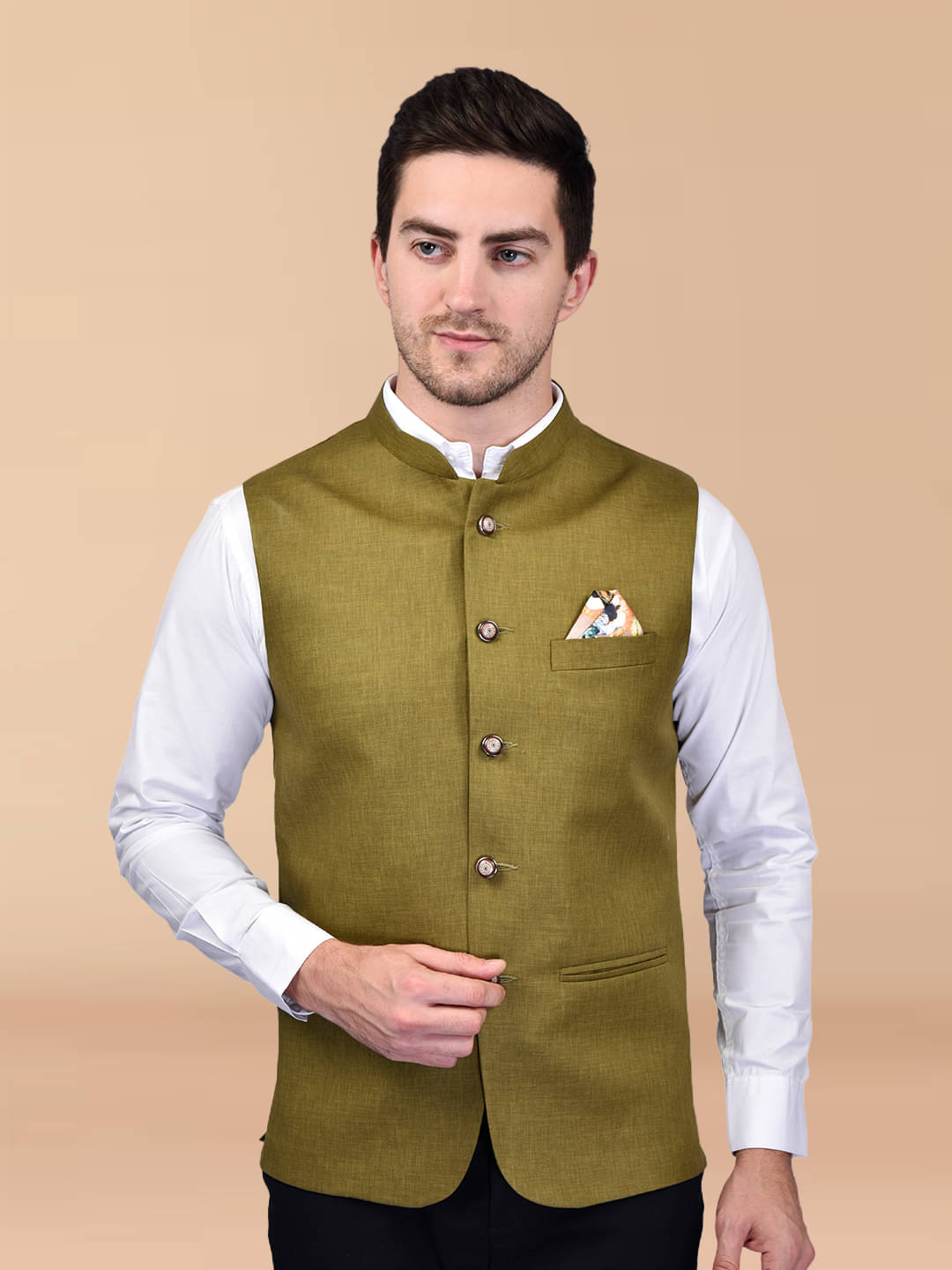 PRINTCULTR Olive Cotton Blend Men's Nehru Jacket ( Pack of 1 ) PRINTCULTR Olive Cotton Blend Men's Nehru Jacket ( Pack of 1 )