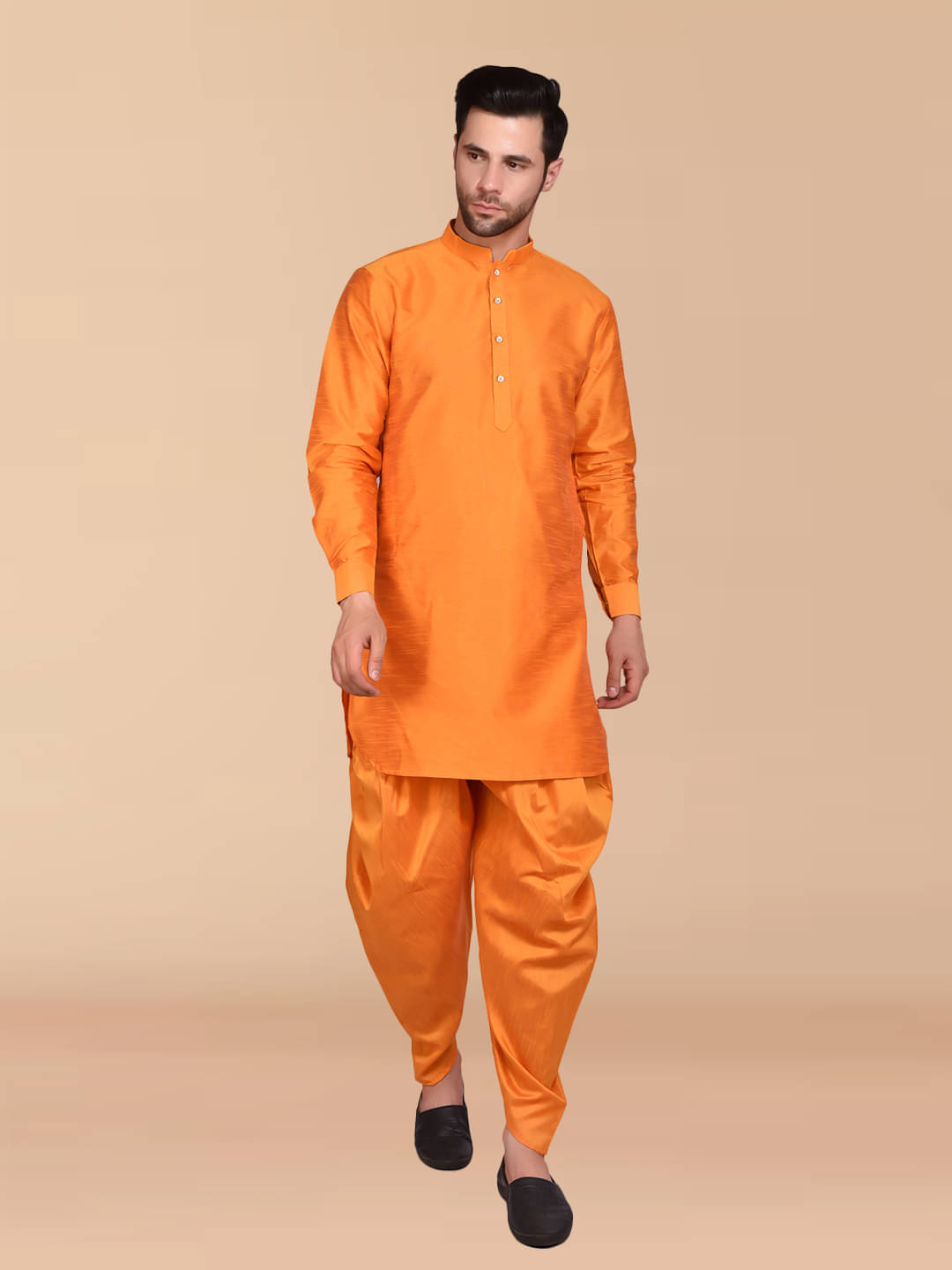     			PRINTCULTR Orange Silk Regular Fit Men's Dhoti Kurta Set ( Pack of 1 )