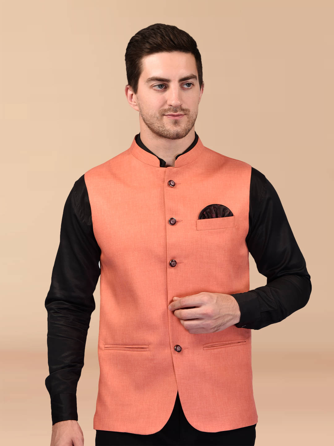     			PRINTCULTR Peach Cotton Blend Men's Nehru Jacket ( Pack of 1 )