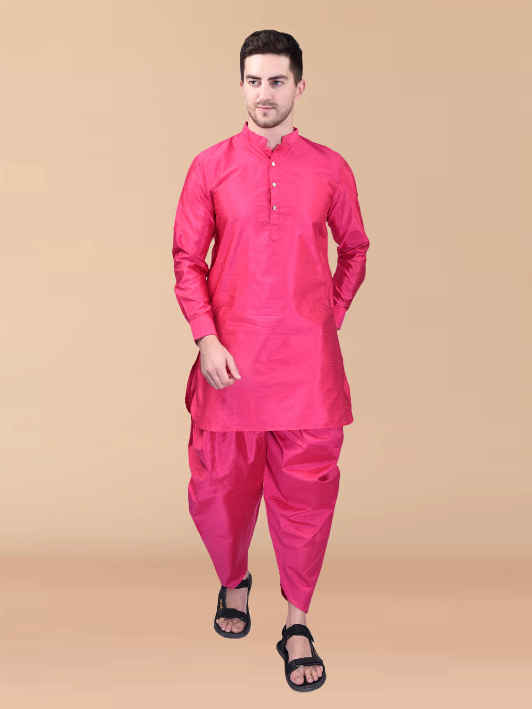     			PRINTCULTR Pink Silk Regular Fit Men's Dhoti Kurta Set ( Pack of 1 )