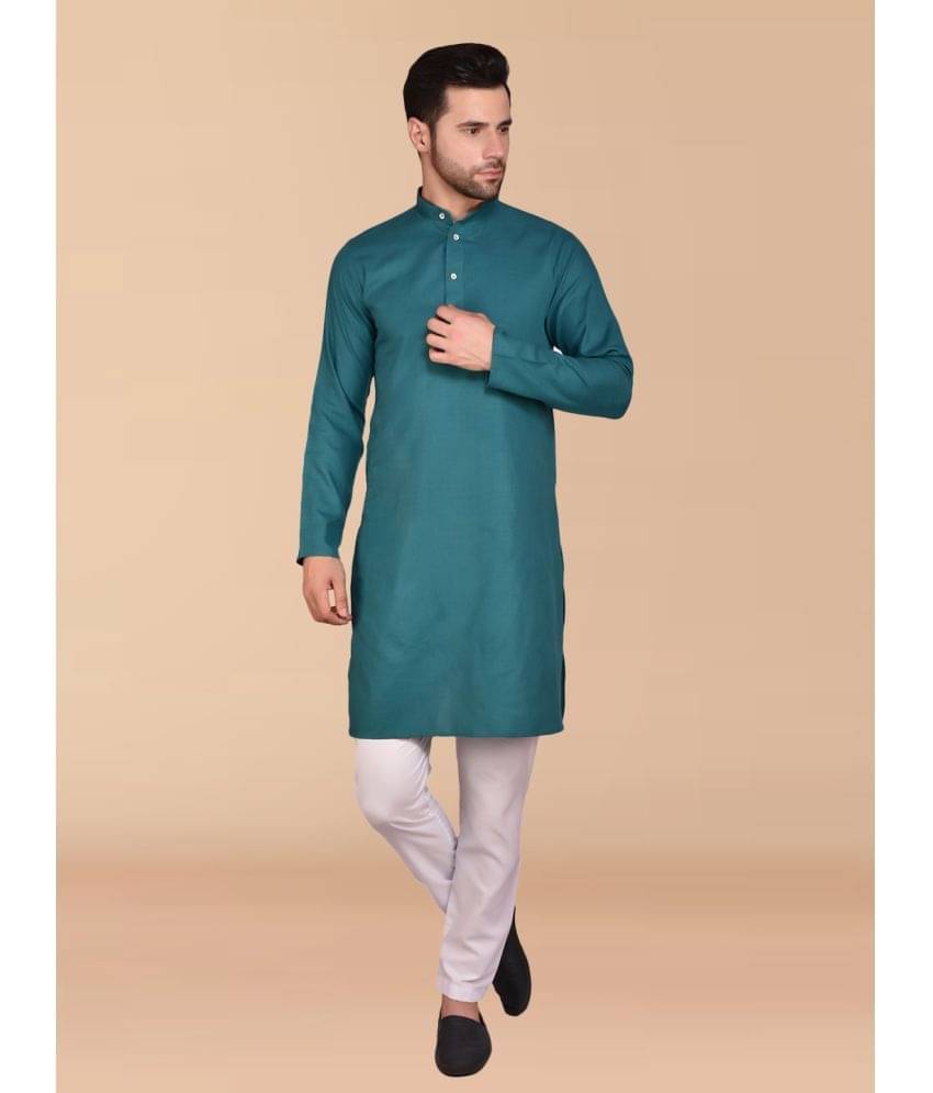    			PRINTCULTR Teal Cotton Regular Fit Men's Kurta Pyjama Set ( Pack of 1 )