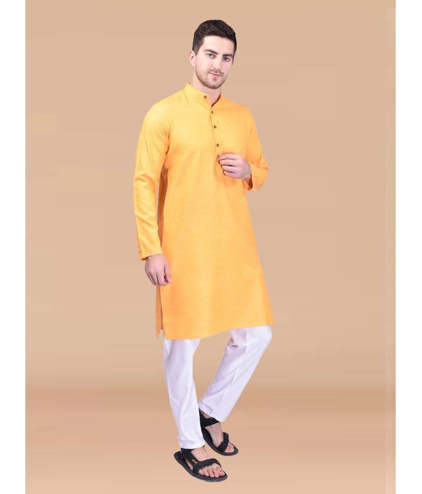 PRINTCULTR Yellow Cotton Regular Fit Men's Kurta Pyjama Set ( Pack of 1 ) PRINTCULTR Yellow Cotton Regular Fit Men's Kurta Pyjama Set ( Pack of 1 )