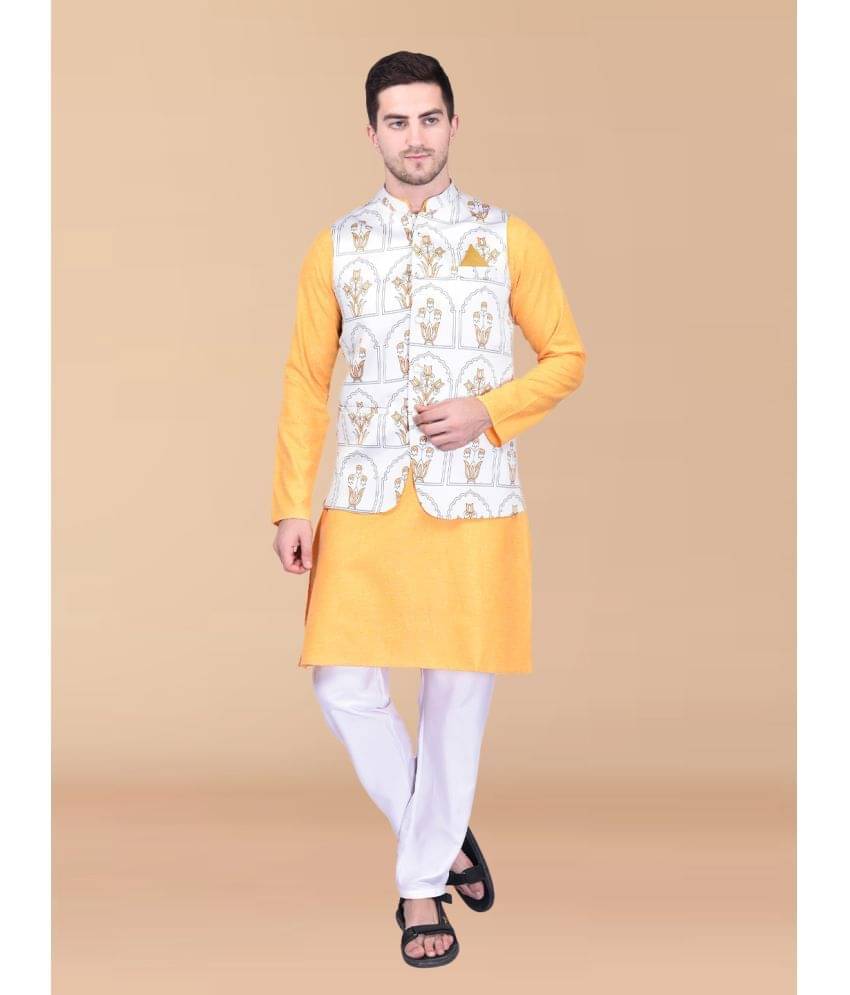 PRINTCULTR Yellow Cotton Regular Fit Men's Kurta Pyjama Set ( Pack of 1 )     			PRINTCULTR Yellow Cotton Regular Fit Men's Kurta Pyjama Set ( Pack of 1 )