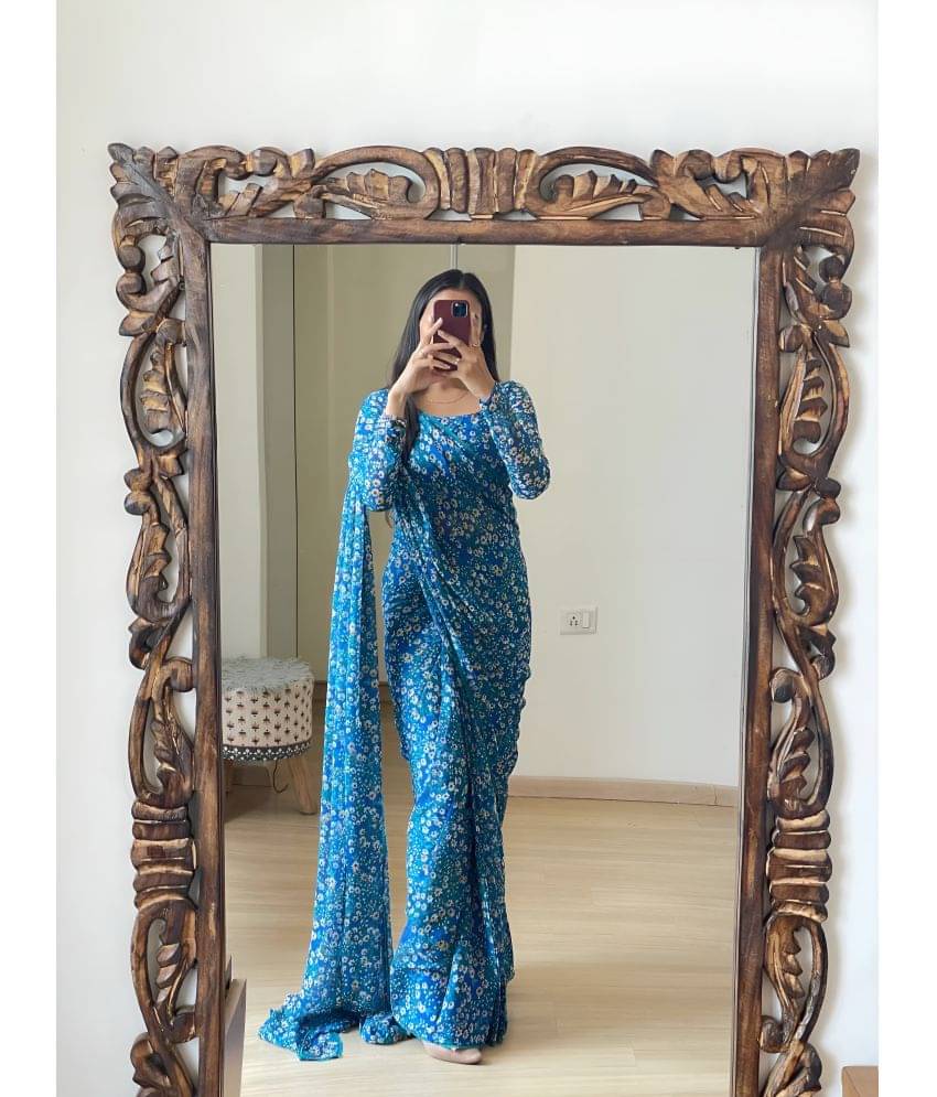     			Sidhidata Georgette Printed Ready to Wear Saree With Unstitched Blouse Piece ( Turquoise )