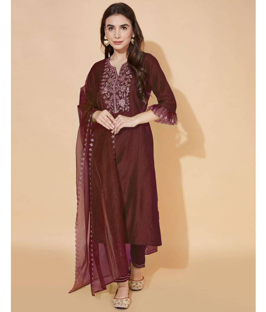     			Skylee Silk Blend Embroidered Kurti With Pants Women's Stitched Salwar Suit - Maroon ( Pack of 1 )