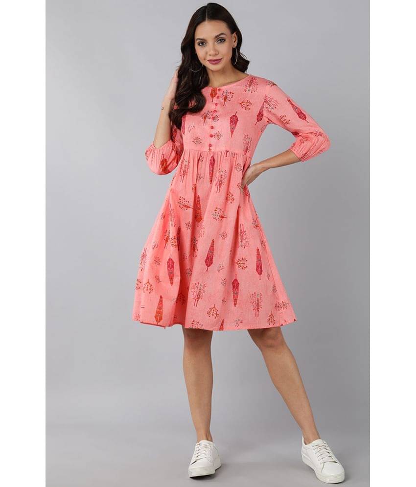 Vaamsi Cotton Printed Knee Length Women's Fit & Flare Dress - Pink ( Pack of 1 ) Vaamsi Cotton Printed Knee Length Women's Fit & Flare Dress - Pink ( Pack of 1 )
