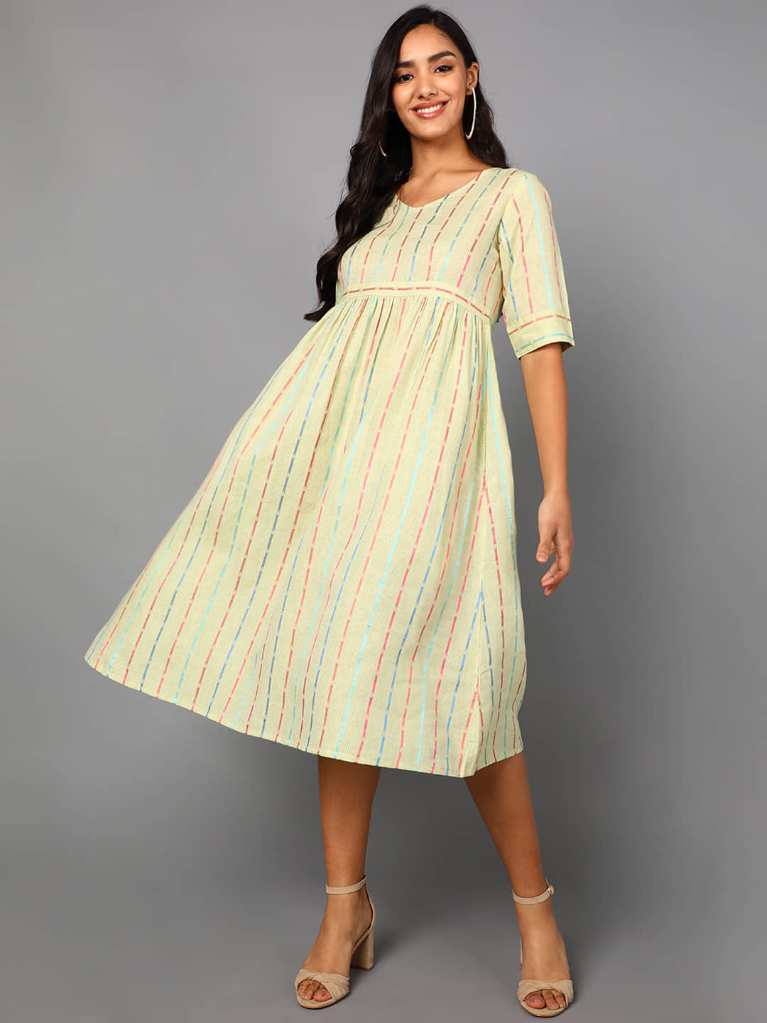 Vaamsi Cotton Printed Midi Women's A-line Dress - Cream ( Pack of 1 )