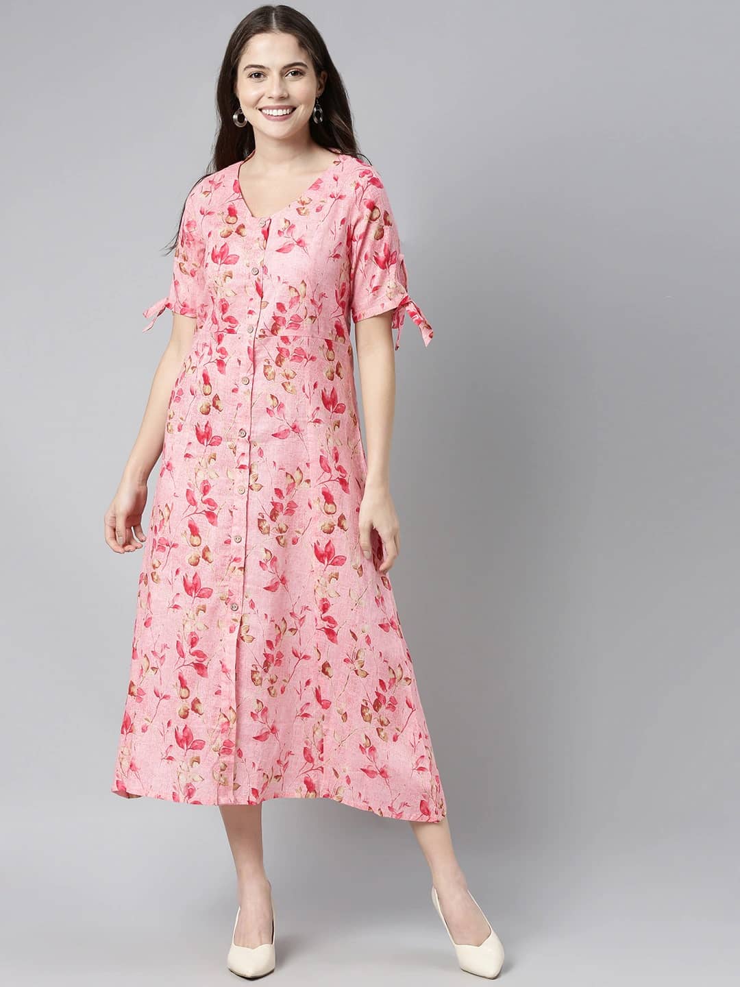 Vaamsi Women Cotton Printed A-line Dress ( Pink )